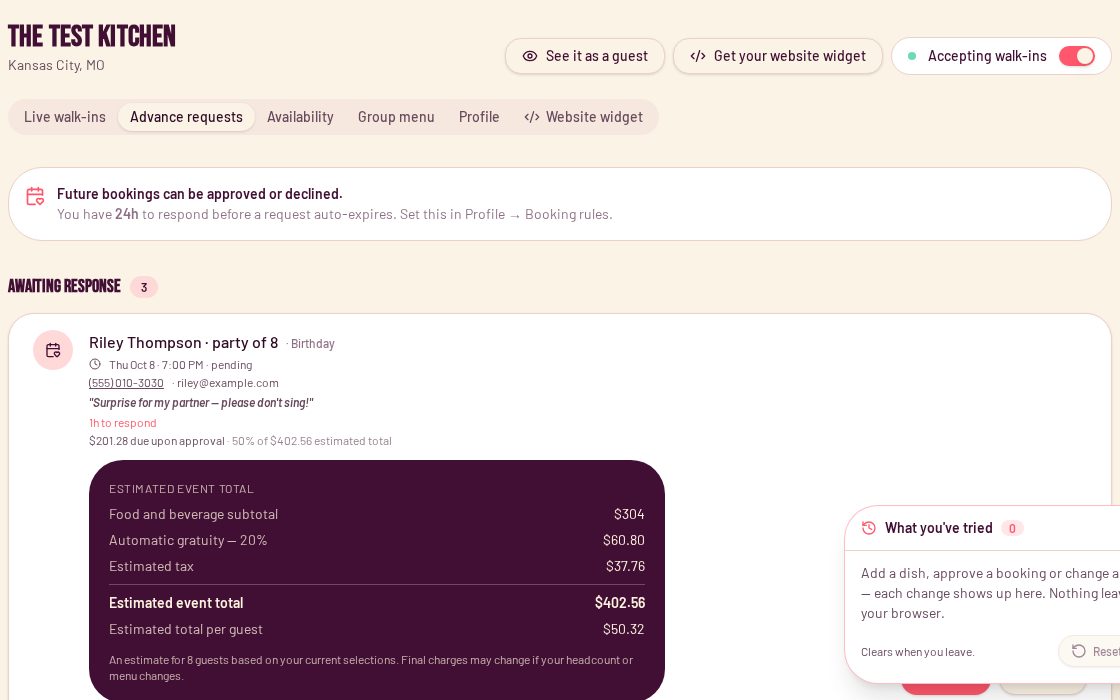 Screenshot: Restaurant dashboard